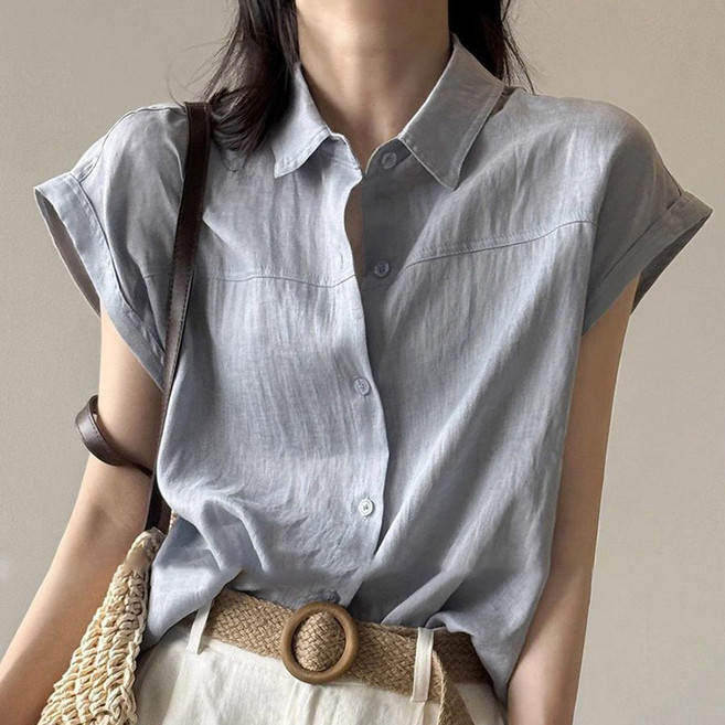 SELEAD 셔링 블라우스 여성 민소매 레이어드 데일리 오피스룩 반팔 셔츠