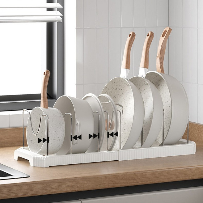 호밍사이 주방 길이조절 확장형 후라이팬 냄비 거치대 정리대 그릇 수납 선반, 1개, 화이트, 7단