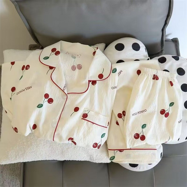 무니유유 여성 가벼운 구름면 카라넥 긴팔 수면 잠옷 상하의 세트