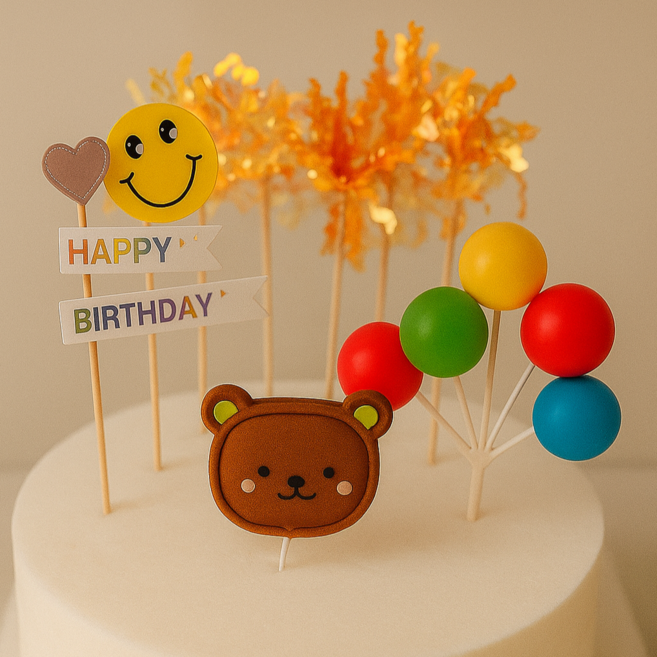 곰돌이 스마일 풍선 생일 토퍼 5종 세트, 오렌지 스파클토퍼 5개+오색 방울 세트, 1세트