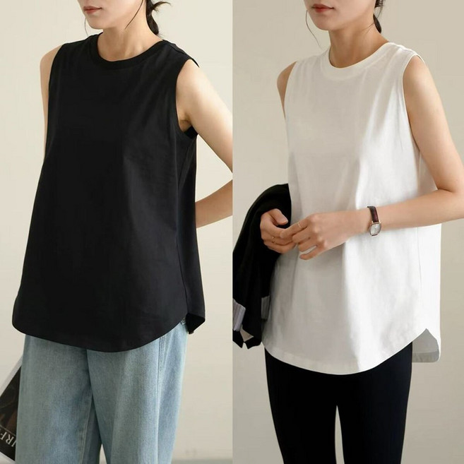 ROYALBELLE 1+1 (2종세트) 여성 라운드넥 빅사이즈 루즈핏 레이어드 무소매 미디기장 나시 티셔츠 D01020201