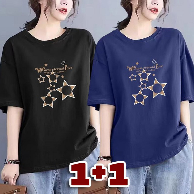 2장세트 여성 프린팅 반팔티 1+1 빅사이즈 루즈핏 캐주얼 여름티 라운드넥 반팔 티셔츠 상의 엄마티