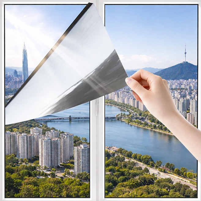 ROYAI ONE 무점착 암막 단열필름 창문 시트지 창문 사생활 보호필름 유리창 썬팅지, 양면 실버