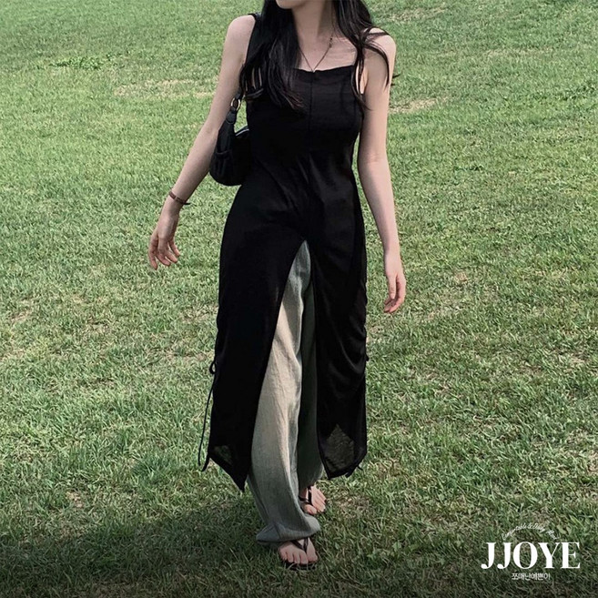 쪼예 레이어드템 셔링 리본 앞트임 뷔스티에 롱 나시 원피스