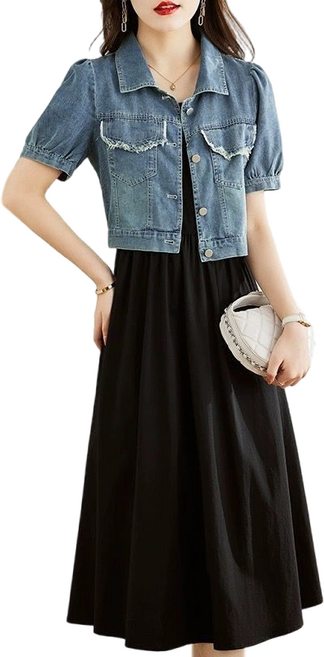 셀럽당 여성 여름 데님 반팔 아우터 원피스 세트 패션 투피스
