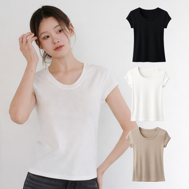 쫀쫀한 스판 여성용 라운드넥 골지 반팔 티셔츠 데일리 이너 슬림핏 기본티 로엘