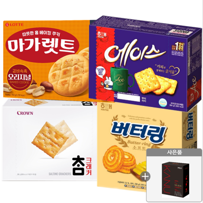 크라운 해태 롯데 대용량비스켓 4개+카누미니10T[다크 마일드 라이트 중 랜덤 1개증정] [에이스 참크래커 마가렛트 버터링], 1개