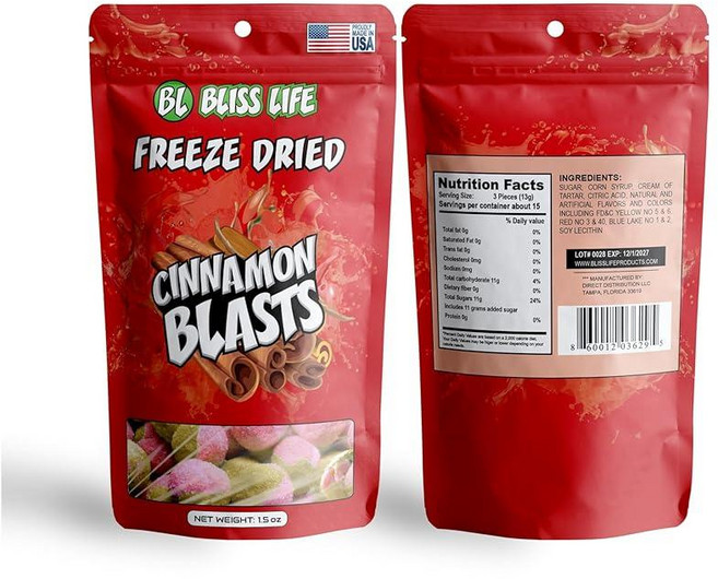 Bliss Life TikTok의 시나몬 블래스트 동결 건조 캔디 ASMR 크런치 캔디 스파이시 스위트 앤 사워 아동용 간식 아동용 독특하고 참신한 스낵 42.5g(1.5, 42.5g, 1개