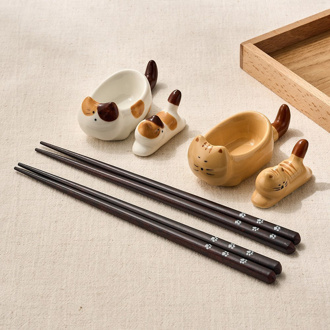모던하우스 린넨 우리집뚱냥이 우드젓가락+종지+수저받침 2인세트-NK2526016, 1개