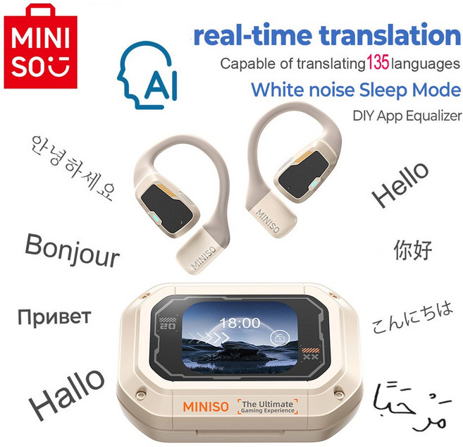 [AI 번역기] MINISO M98 무선 헤드폰 OWS 스포츠 블루투스 이어폰 게임용 헤드셋 ASMR APP 번역 IPX5, AI-beige, 1개