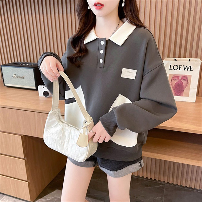 TKX 여성용 가을 카라 티셔츠 캐주얼 스타일 넉넉한 핏 배색 주머니 단추 장식 고급 실용적인 스포티한 맨투맨 MY39