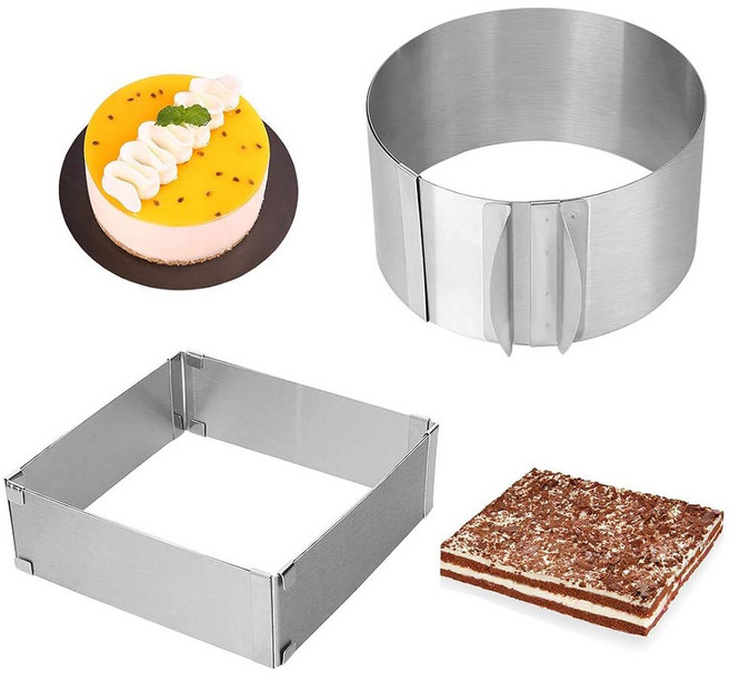 메이추 조절형 케이크 2팩 12인치 스테인리스 스틸 주방 DIY 제과용 무스 몰드 정사각형 원형, Round & Square