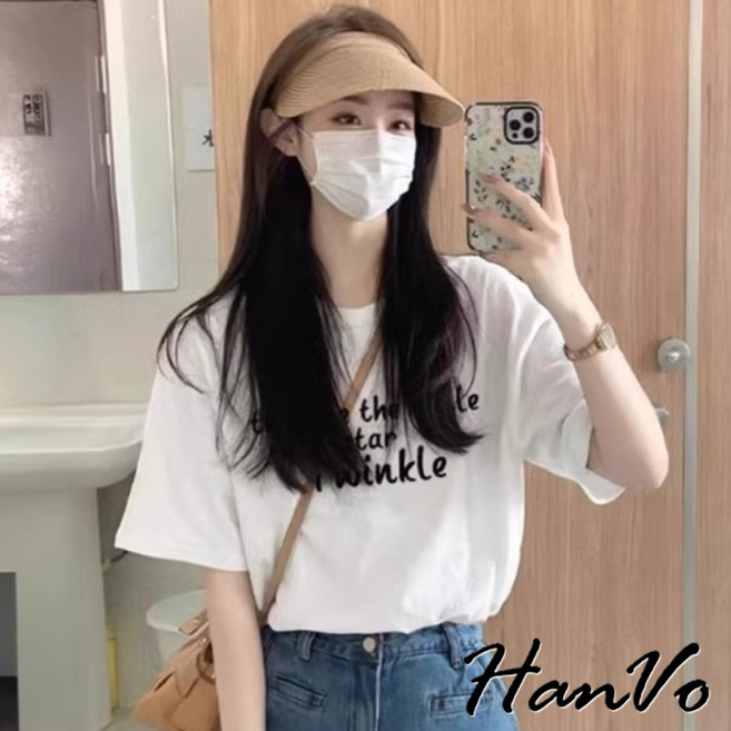 HanVo 英文字寬鬆純棉T恤 休閒簡約質感短袖上衣 韓系女裝 女生衣著 A01-0328