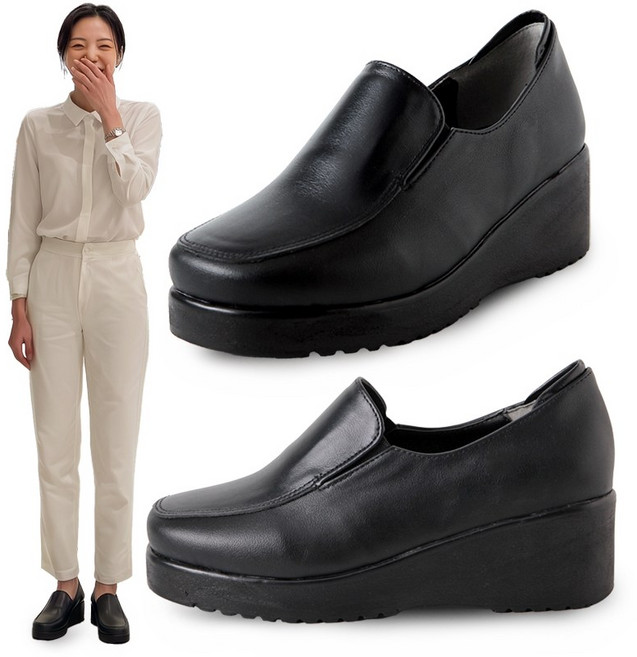 여성 국산 소가죽 5cm 발편한 통굽 웨지힐 유니화 로퍼 구두 호텔 병원 백화점 매장 사무직 SH-WLF-MIHI