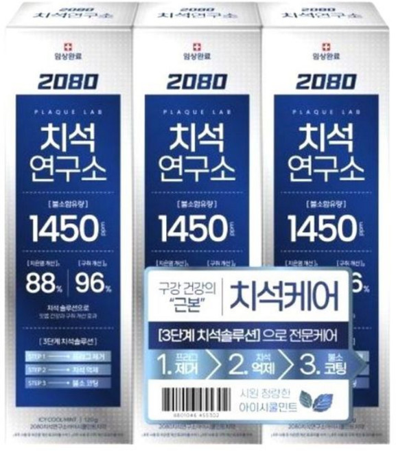 2080 치석연구소 불소치약 120g X 3입, 1개