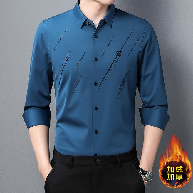 남성 겨울 기모 댄스복 셔츠 상의 정장 비즈니스 꽃무늬 라인 라틴 스포츠 댄스 의상 복고 공연복 연습복, 블루 기모안감