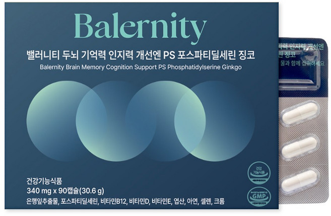 밸러니티 두뇌 기억력 인지력 개선엔 포스파티딜세린 은행잎추출물 징코 영양제 30.6g, 90정, 1개
