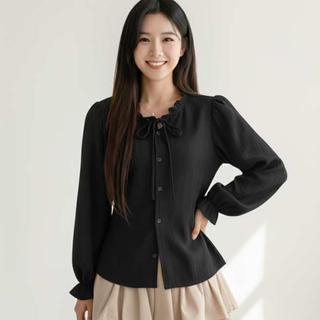 누보마켓 날씬해보이는 허리 스트랩 고급 프릴블라우스 레이어드 블라우스 여성 데일리 하객룩