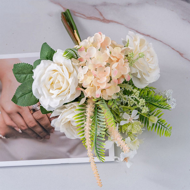 加文設計師款牡丹玫瑰繡球花手作仿真花束 母親節居家擺設婚紗道具, 1個, 加文牡丹玫瑰手扎花束 / 香檳