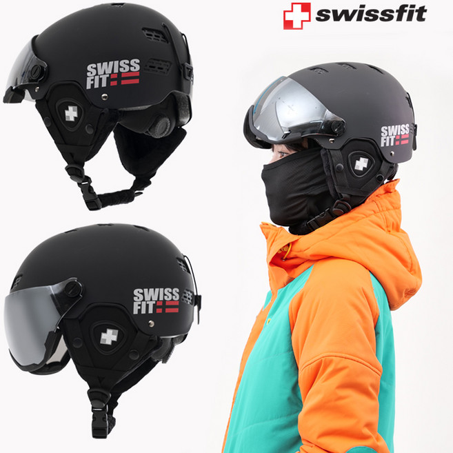 스위스핏 스키 스노우보드 바이저헬멧 고글일체형, 블랙, 1개