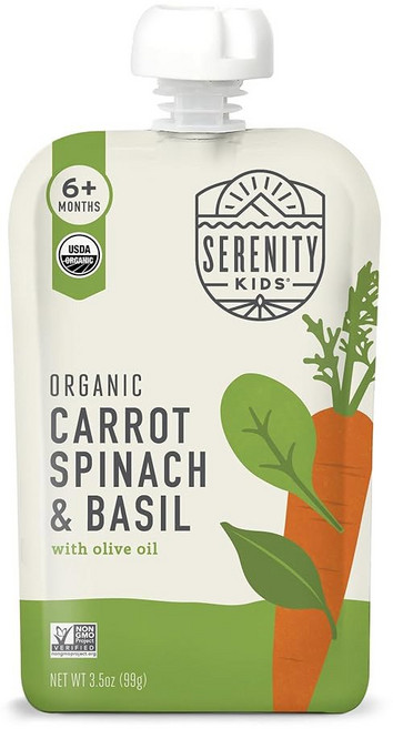 세레니티 6개월 이상 채식 퓨레 이유식 파우치 - USDA BPA 무알레르겐 이동, Carrot Spinach & Basil, 3.5 Ounce (Pack of 1)