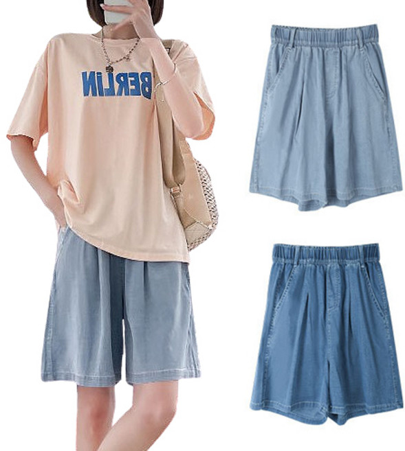 핑크셀럽 여성용 아이스 쿨링 와이드 밴딩 5부 청반바지 데님 팬츠