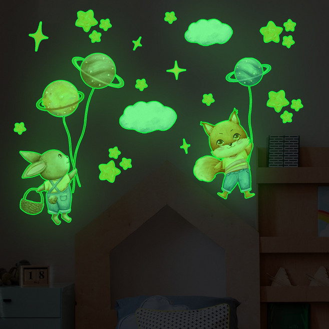 데이즈인 야광스티커 방꾸미기 인테리어 원룸꾸미기 데코 창문 벽지 천장 포인트 시트지, 토끼와여우