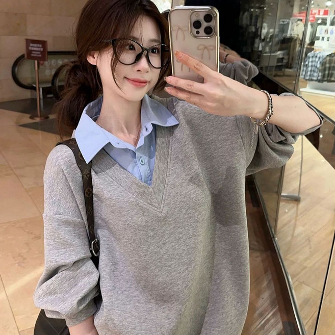 여성 봄가을 루즈핏 레이어드 긴팔 티셔츠 캐주얼 데일리 셔츠형 맨투맨
