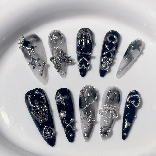 도쿄네일 10p 블랙 실버 여자 아이돌st 네일팁 쇠맛느낌 수제 네일팁 탈착식 재사용 가능 MZ 요즘 유행 네일, 1개, xs사이즈
