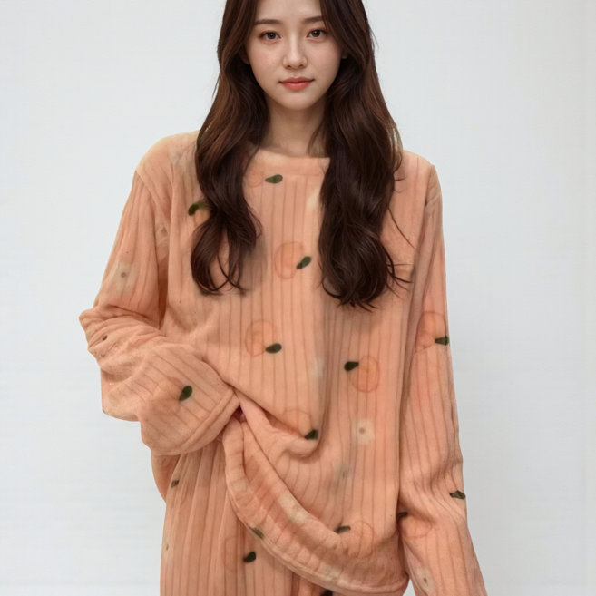 에이프릴랩스 여성 극세사 피치 골지 겨울 잠옷 파자마 상의 수면바지 세트