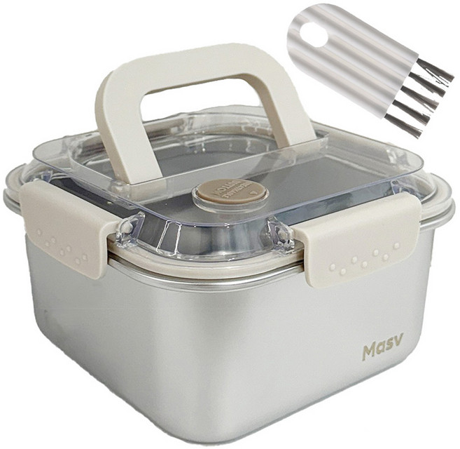 마시뷰 스텐304 사각 밀폐용기 전자렌지가능 반찬통 대용량 스테인리스 김치통 보관용기, 1600ml+뚜껑세척솔, 1세트