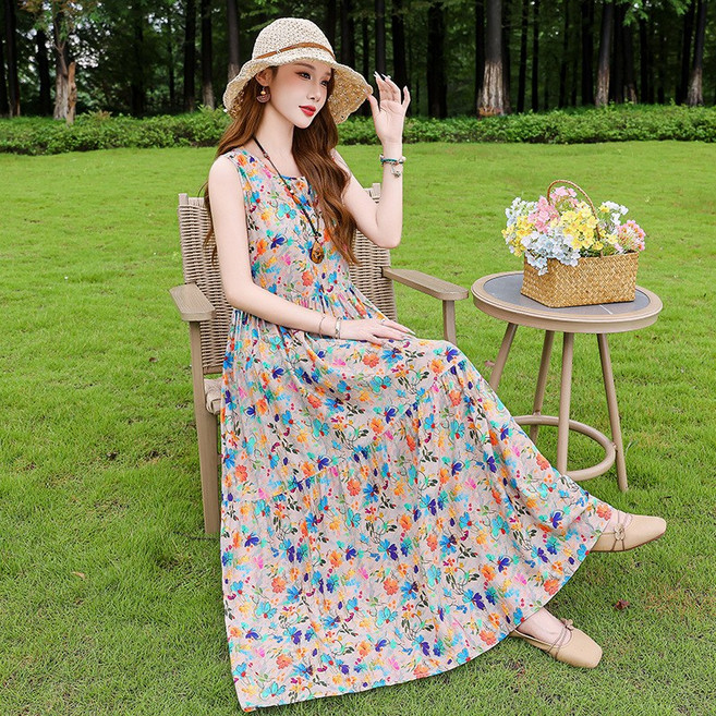 839 인견 레이온 민소매 나시 휴양지룩 빅사이즈 롱 원피스