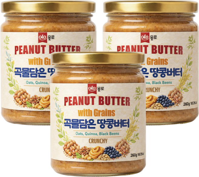 올로 곡물담은 땅콩버터 크런치 무첨가 무설탕, 3개, 260g