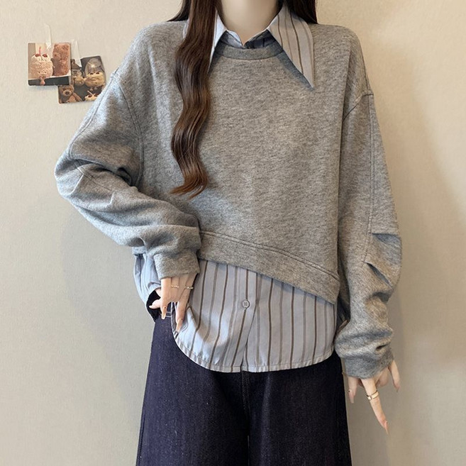 Makone 여성 셔츠카라 스트라이프 패치워크 투피스형 스타일리쉬 데일리 맨투맨