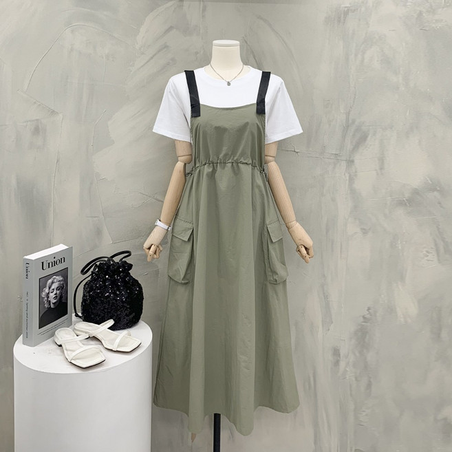 [행복여] 페어 포켓 스트링 멜빵 끈 조절 뷔스티에 원피스
