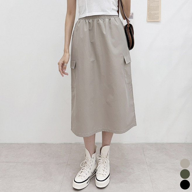 끌로이 여성 바스락 카고 스커트 롱 치마 루즈핏 밴딩 아노락 슬릿 뒷트임 편안한 치마