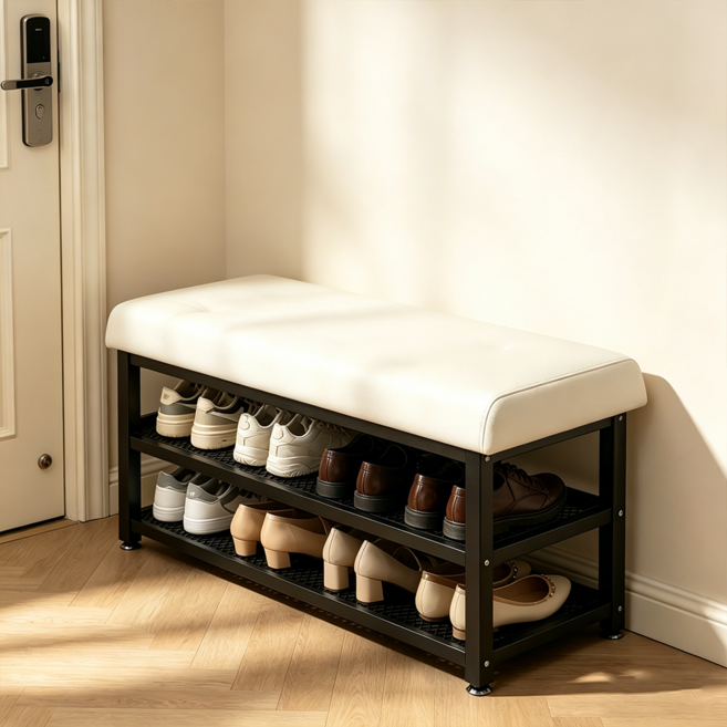하루꿈 심플 현관 신발장 다용도 의자 수납 벤치형 정리대 좁은공간 낮은 간이 신발장, 아이보리 80cm, 2단