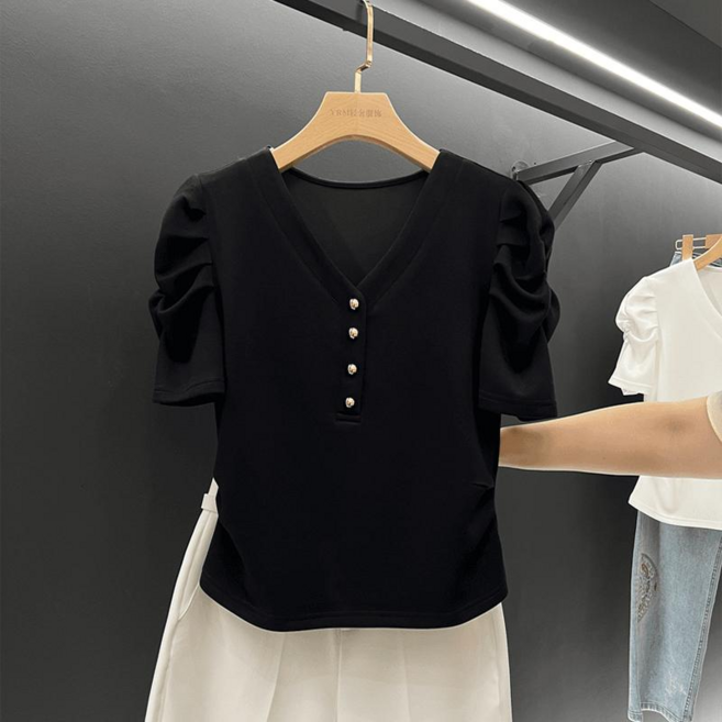 메인워크 여성 빅사이즈 브이넥 퍼프소매 반팔 티셔츠 여름 냉장고 고급 미니 프렌치 벌룬 고급 데일리 슬림핏 하객룩 슬림핏 상의