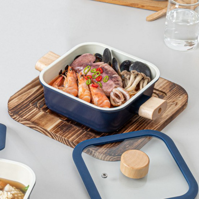 퀸센스 쿠킹 스퀘어 세라믹 냄비 2종 17cm+우드받침, 없음, 1개, 단일사이즈
