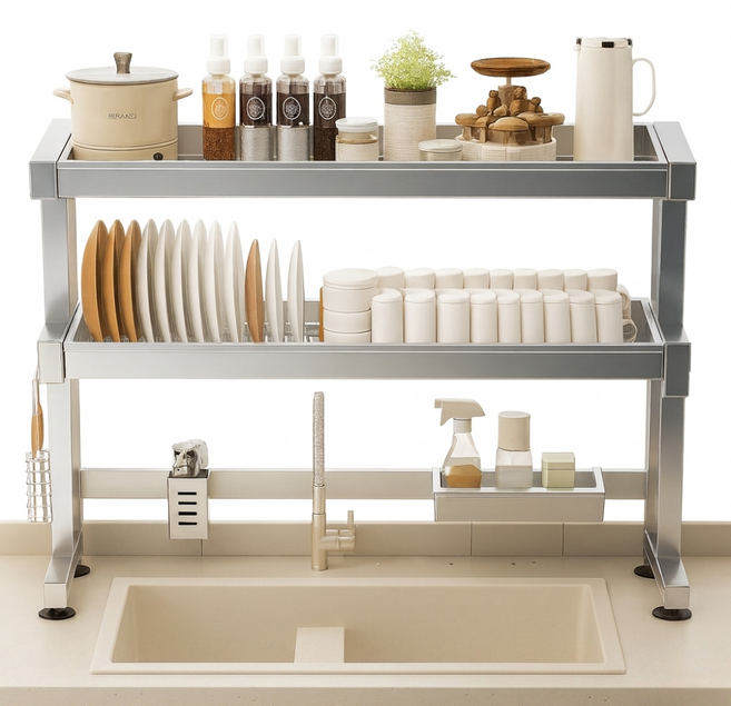 리빙체인지 304 프리미엄 식기건조대 확장형 길이 조절 무타공, 2단 올인원 모듈