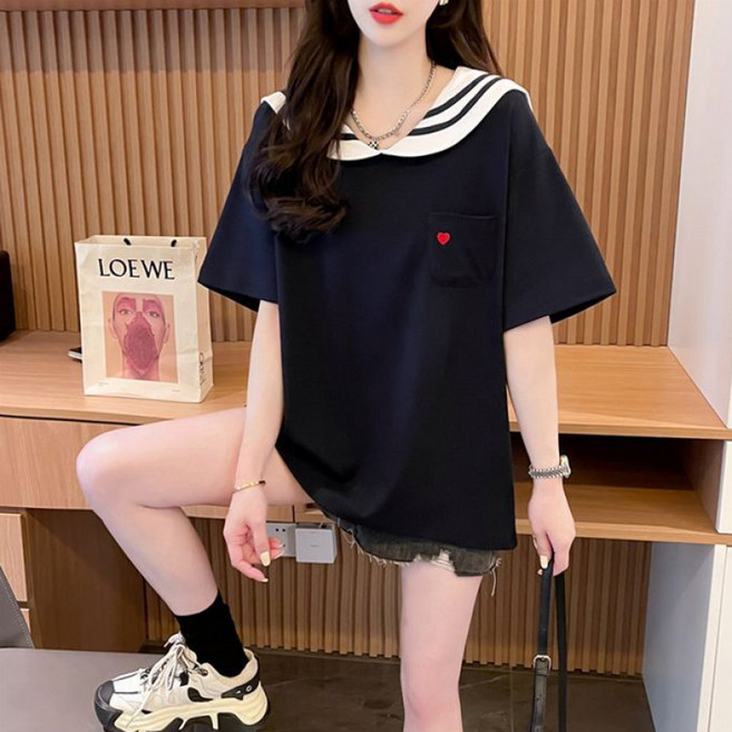 SAHINER 여성 루즈핏 반팔 티셔츠 세일러카라 하트 자수 여름 BTX54