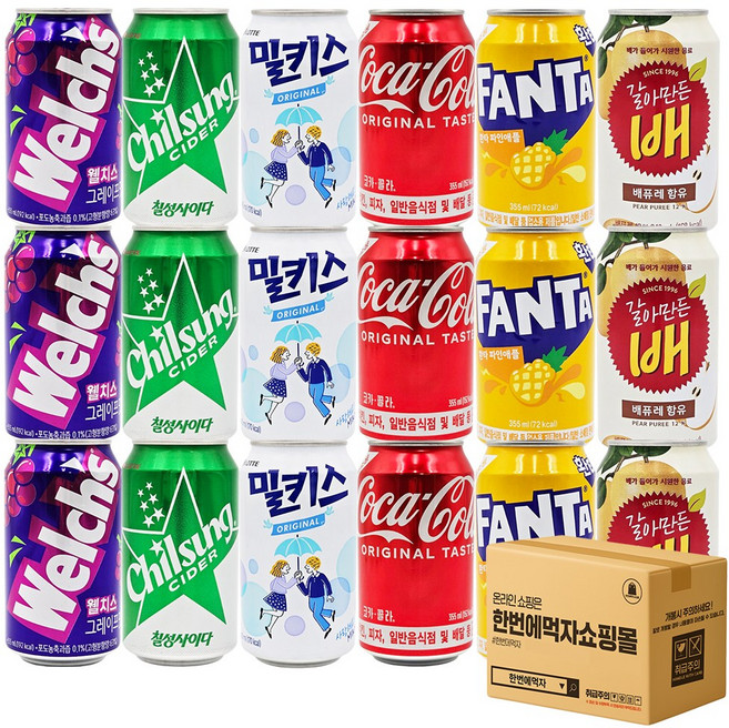 [한번에먹자] 뚱캔 6종 세트 (웰치스 포도3 + 칠성사이다3 + 코카콜라3 + 밀키스3 + 환타 파인3 + 갈아만든배3), 18개, 340ml