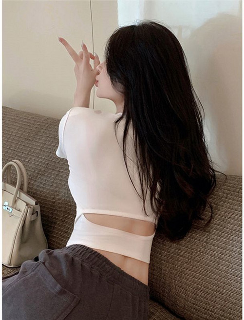辣妹露臍短袖T恤女 露背修身顯瘦緊身時尚上衣, 1個, 白色【U領/短款/露背】L 【建議115斤以內】