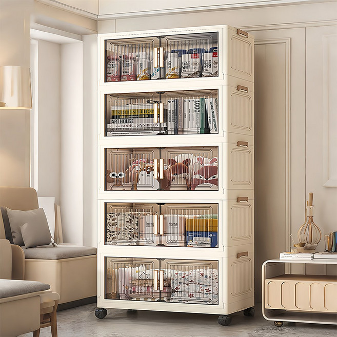 이동식 수납장 플라스틱 수납장 다층 수납장 양문형 수납장 바퀴달린 수납장 대형 정리함, 흰색
