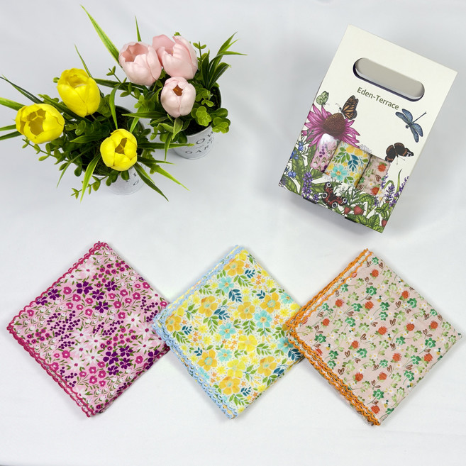 이든 테라스 손수건 여성 쁘띠 스카프 3장 1셋트 (고급 선물 케이스 포장) 면 80수 엠보 큐티 핀코트E