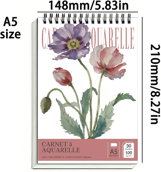 보태니컬 아트 스파이럴 수채화 패드 | A5 100gsm 무산성 냉압착 종이 30매 양귀비 꽃무늬 표지 레이-, 01 A5