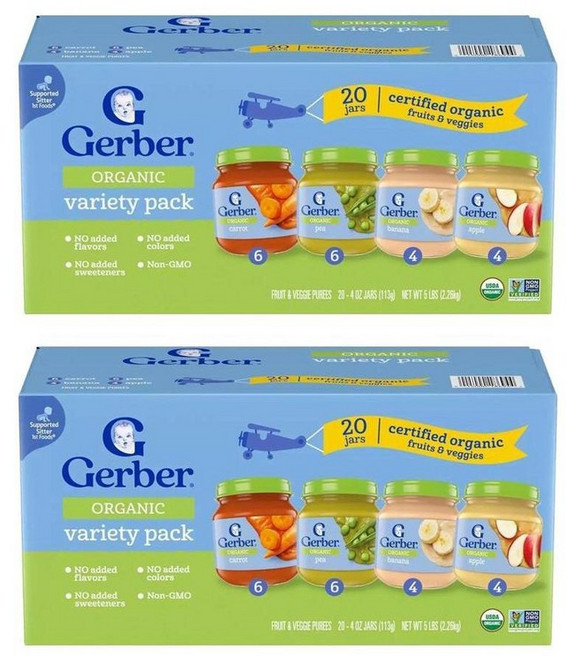 Gerber 거버 1단계 베이비 푸드 과일 채소 밸류팩 당근 완두콩 바나나 사과 113g, 40개
