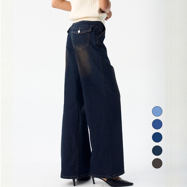 엘블로썸 여성 [숏 기본 롱] 스판 와이드 히든밴드 백포켓 청바지