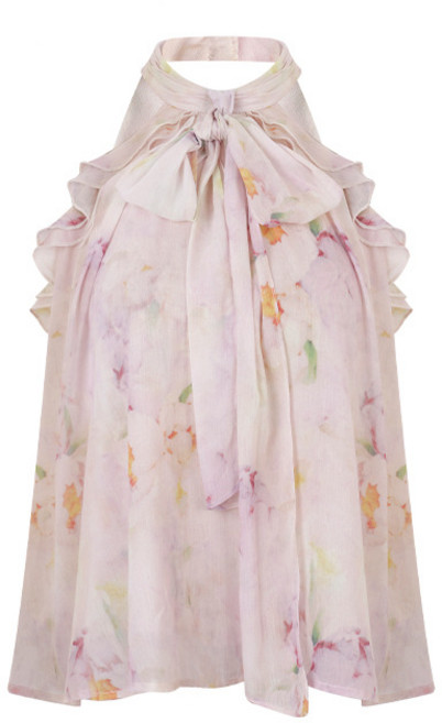 【純欲碎花】掛脖連衣裙 雪紡連衣裙 碎花裙 吊帶裙 掛脖上衣 無袖短裙 芍藥印花 修身顯瘦 度假約會穿搭