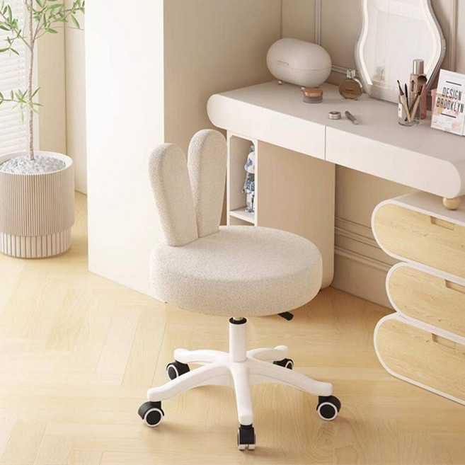 토끼귀 디자인 화장대 의자 테디보어 소재 높이조절 360도 회전 바퀴달린 인테리어 체어, 흰색, 1개